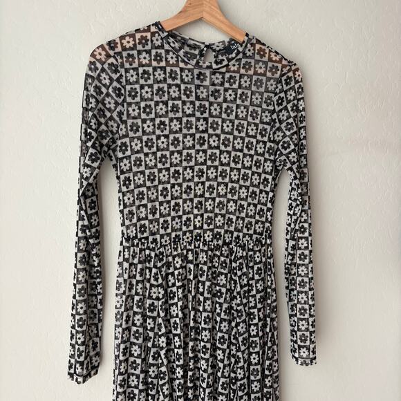 Dressed in Lala Dress Mesh Floral Checkered Long Sleeve Maxi Dress Black White S - Picture 3 of 8